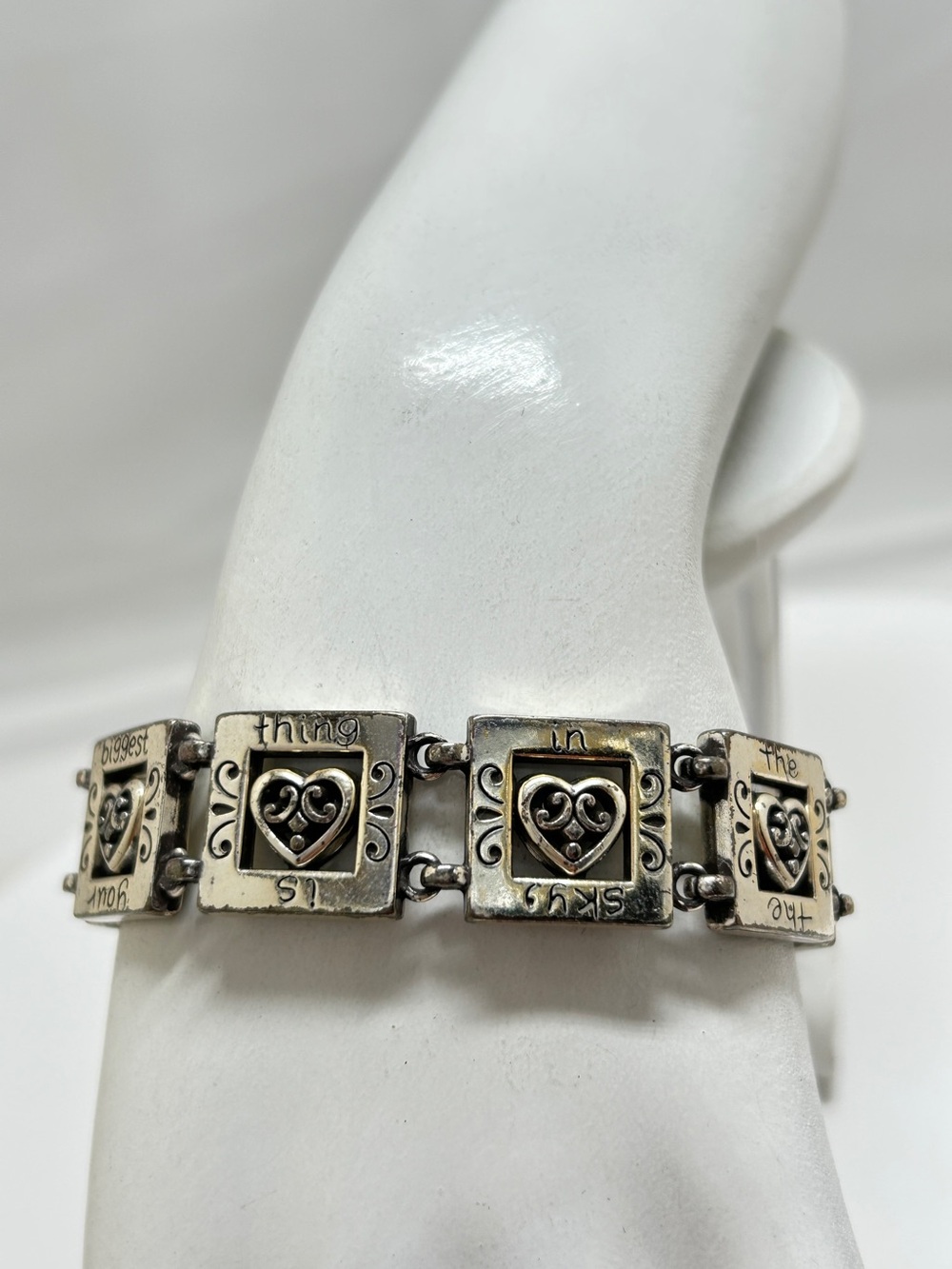 Brighton, Retired Silver Plate  “Go Red” Square Panel Bracelet With Hearts